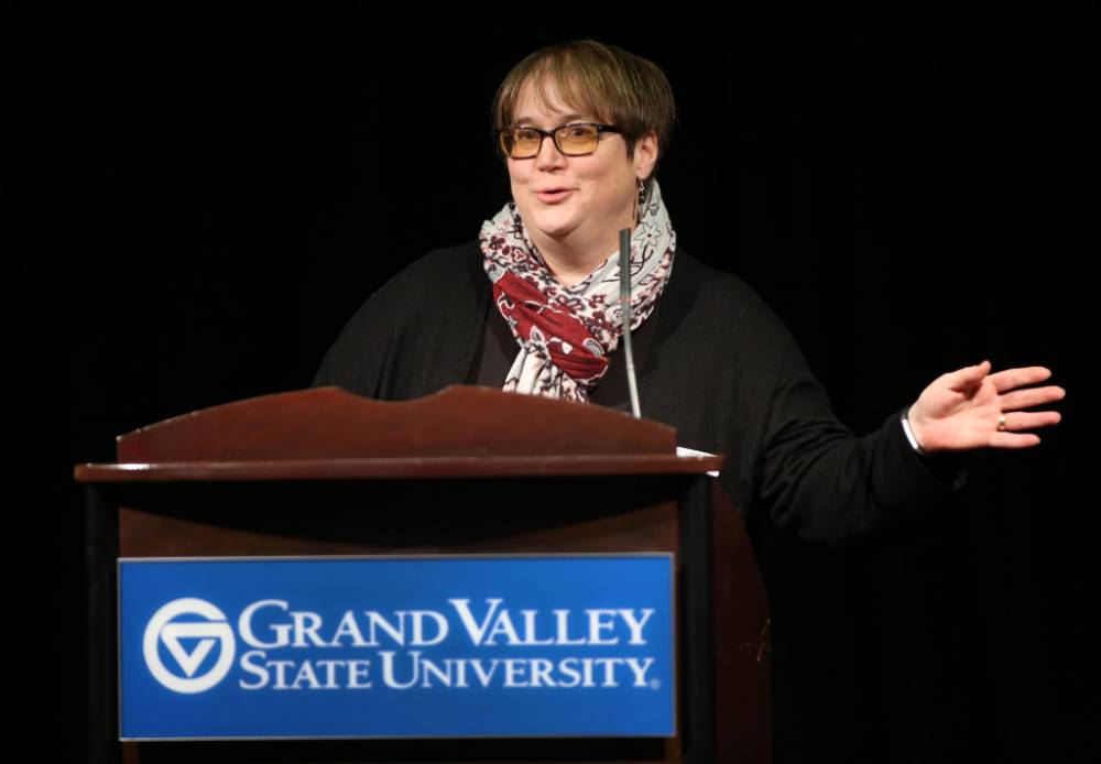 Elizabeth Arnold, endowed professor of civil discourse, introduces the 2019 symposium